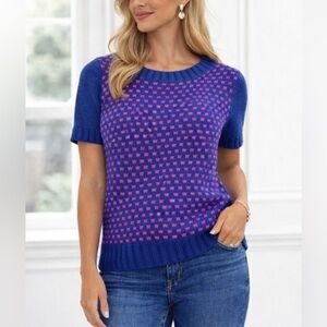 Tulle Blue + Pink Knit Sweater w/ Short Sleeves Polka Dot Lightweight Top -L